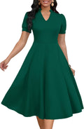 Womens Short Puff Sleeve V Neck A-Line Dress - Comfortable, Classic
