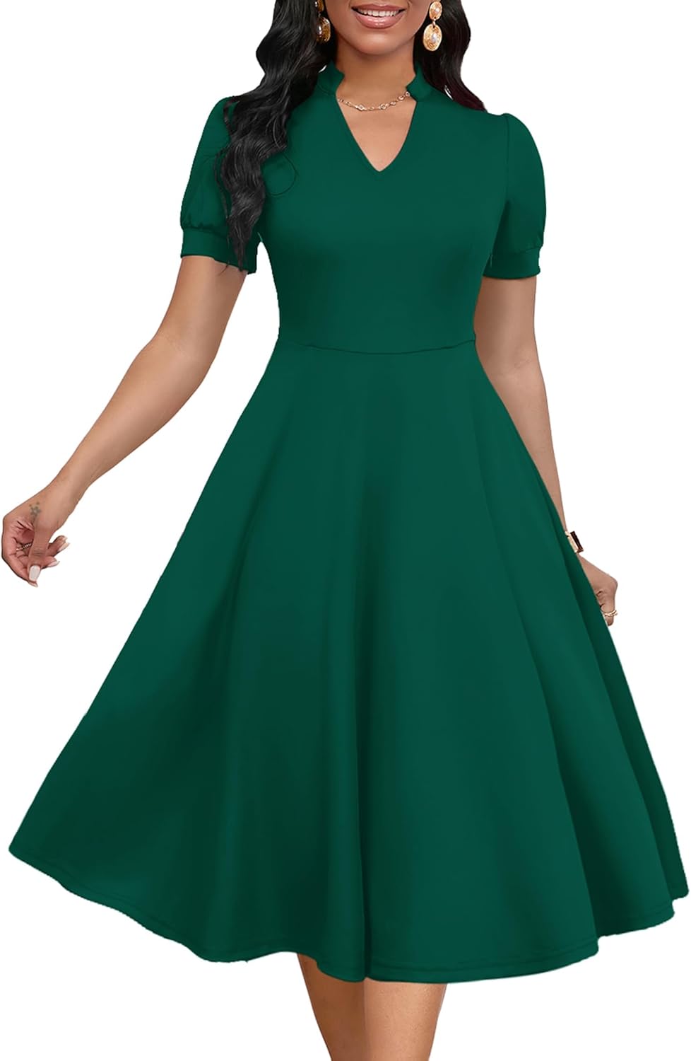 Womens Short Puff Sleeve V Neck Casual Semi-Formal Dress