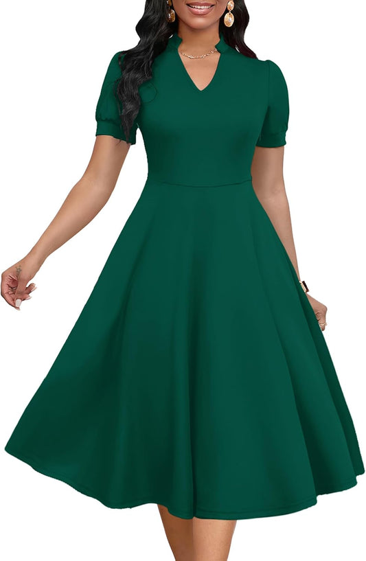 Womens Short Puff Sleeve V Neck Casual Semi-Formal Dress