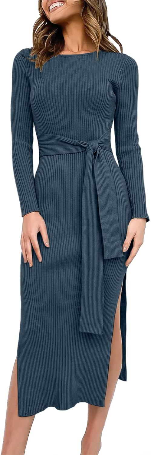 Womens Long Sleeve Sweater Dress with Tie Waist and Slit