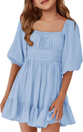 Girls Square Neck Tie-Back Ruffle A-Line Mini Dress - Cute Summer Fit