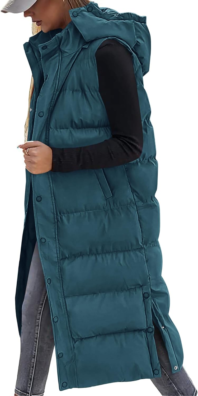 Long Puffer Vest for Women - Quilted Hooded Sleeveless Jacket