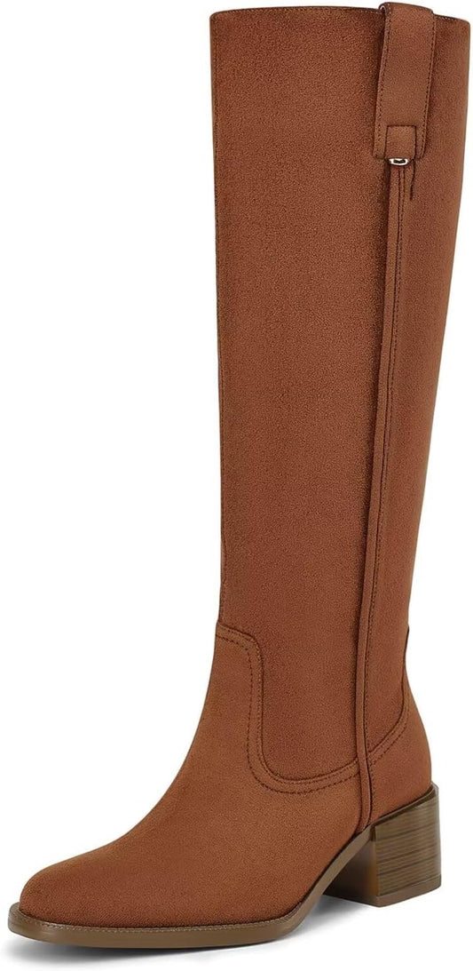 Knee High Boots for Women with Chunky Heel and Side Zipper