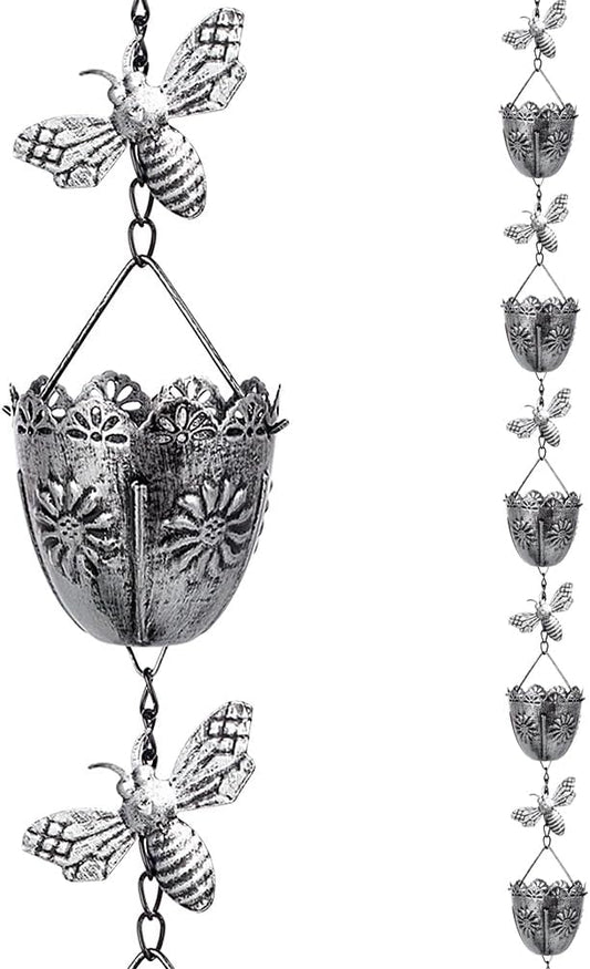 7.8 FT Metal Rain Chain with Cups & Bees Decor for Eaves Drainage