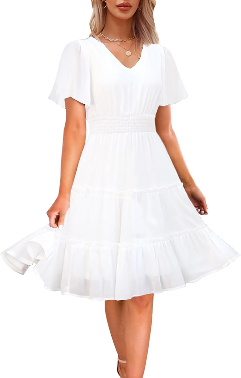 Zattcas Women 2025 Spring Summer Dress V Neck Smocked Waist