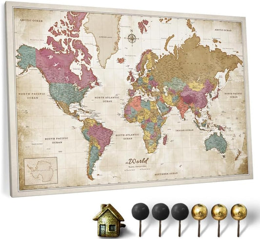 Canvas World Map Cork Pin Board for Stylish Home Decoration