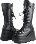 Womens High Platform Mid Calf Wedges Chunky Heel Round-Toe Side Zip