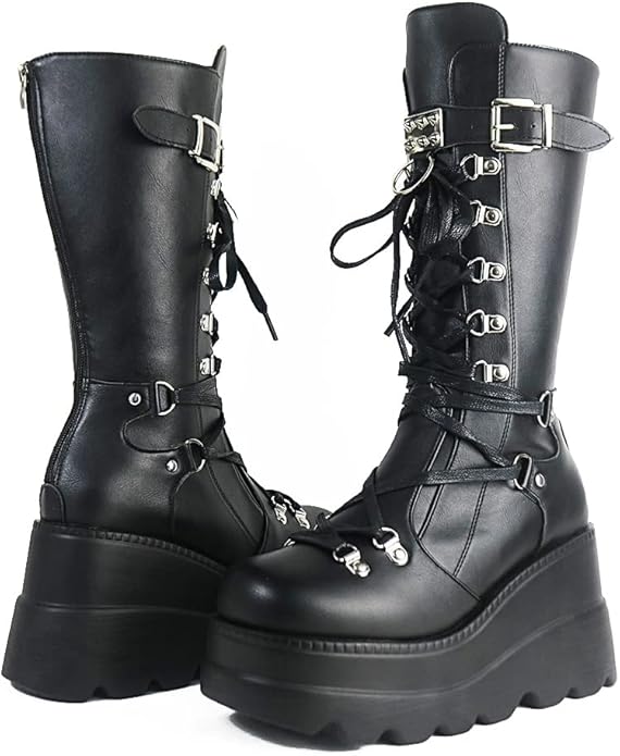 CELNEPHO Womens High Platform Mid Calf Wedges Combat Boots