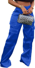 Women's High Waisted Satin Cargo Pants in Wide Leg Design