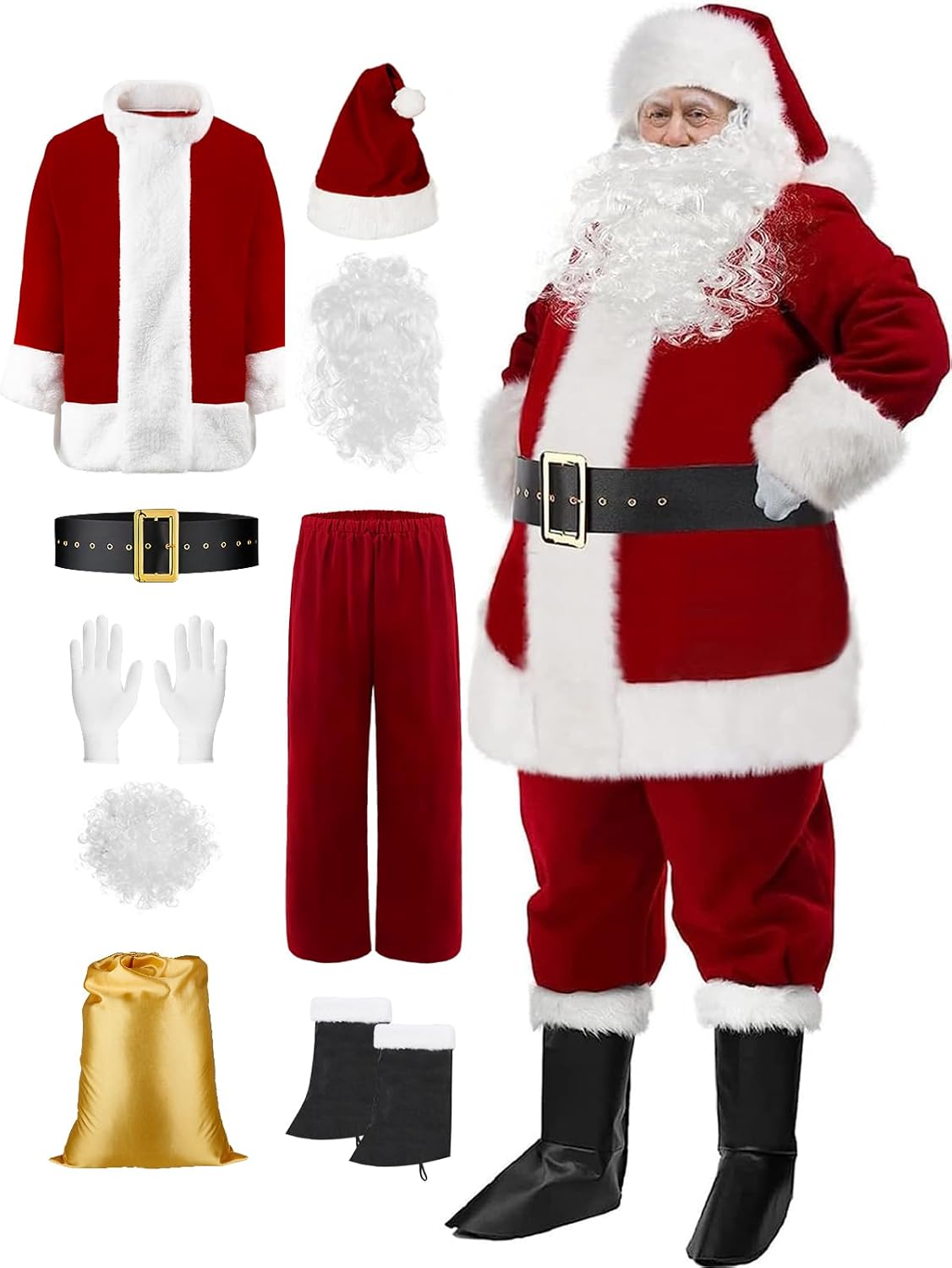 Deluxe Santa Claus Costume Set for Men with Beards and Accessories