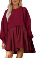 Dokuritu Sweatshirt Dress Women Crew Neck Long Sleeve Patchwork