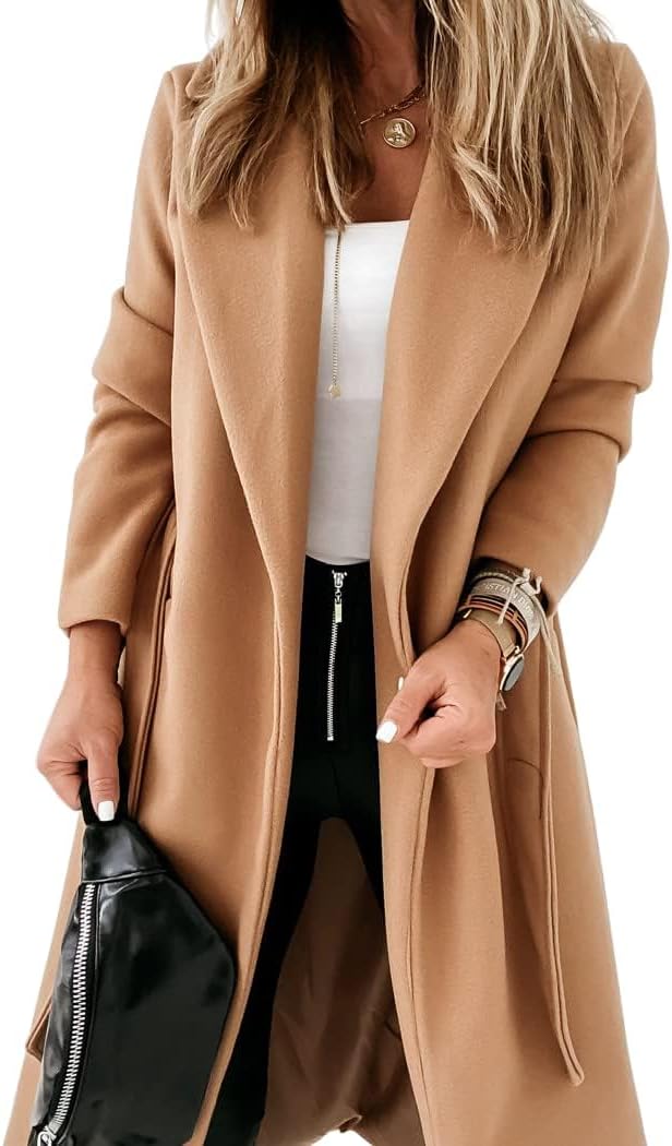Womens Classic Coat with Lapel Collar and Open Front Design