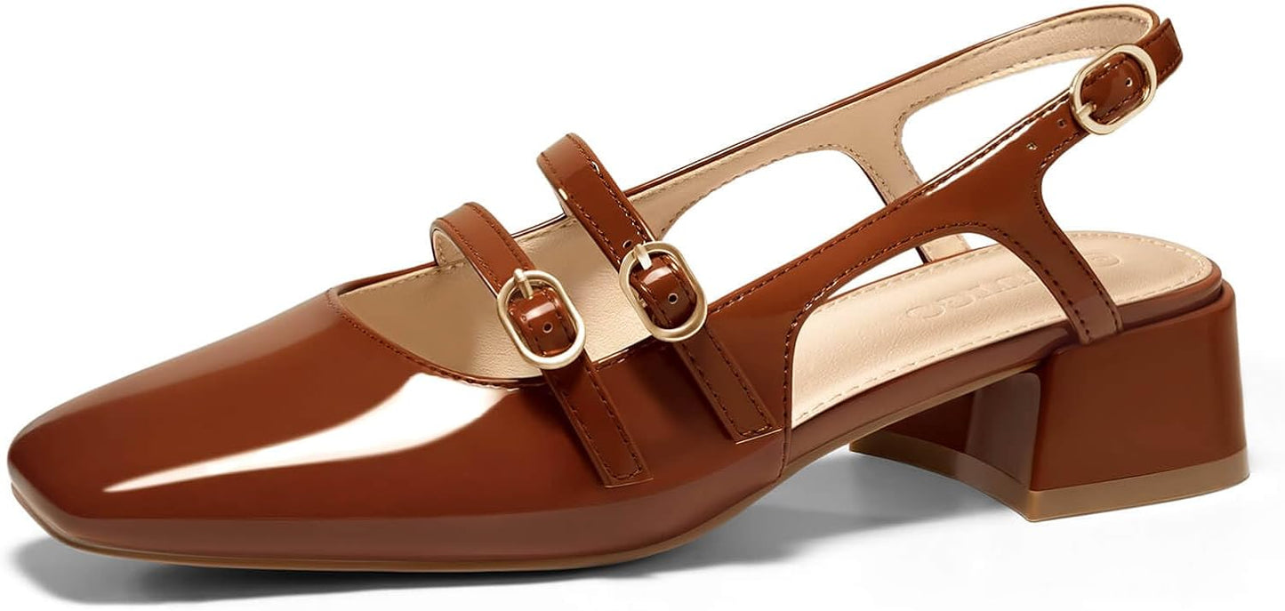 Coutgo Womens Mary Jane Chunky Low Heels Slingback Pumps