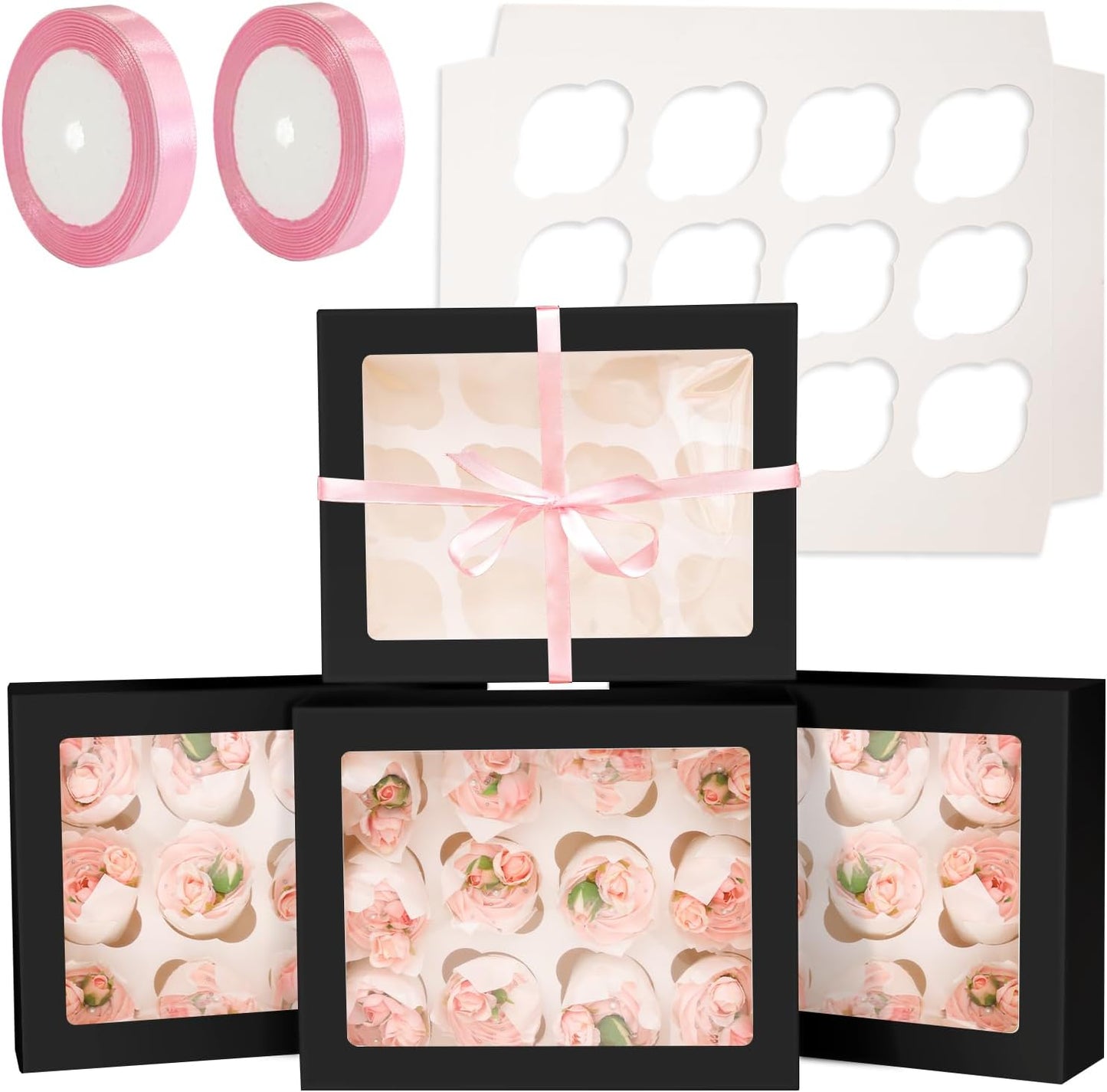Auto-pop Up Cupcake Boxes with Window Black 40PCS for Treats