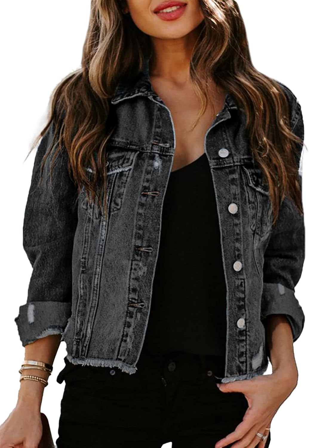 Stylish Sidefeel Women's Denim Jacket with Distressed Details