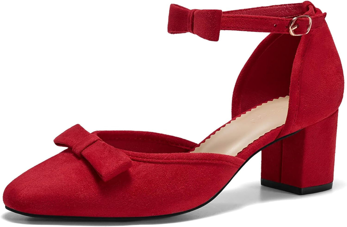 Coutgo Womens Chunky Low Heels Bow Closed Toe Ankle Strap Pumps