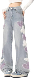 Cute Jeans for Women Girls Star Patchwork High Waisted Straight Leg