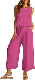 Women's Summer 2 Piece Linen Crop Tank Top & Long Pants Set