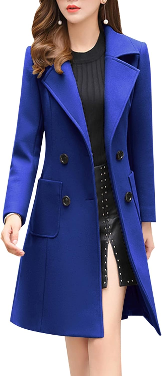 Elegant Notched Collar Double Breasted Wool Blend Over Coat