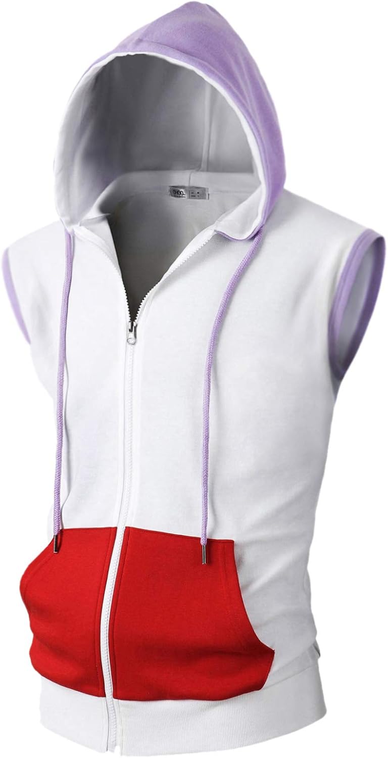 Ohoo Mens Slim Fit Sleeveless Zip Up Hooded Sweatshirt Vest