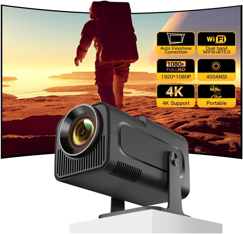 Outdoor Smart Mini Projector - Full HD 4K Support, WiFi, Bluetooth, Auto Keystone, 150 Screen, Black by LYNCAST