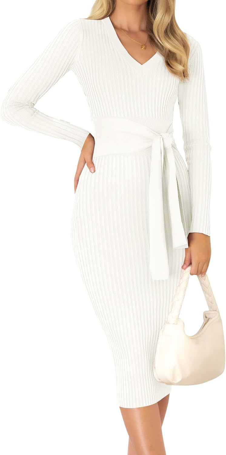 ZESICA Women's Fall Sweater Dress V Neck Long Sleeve Midi Style
