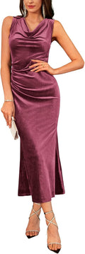 Womens Velvet Cowl Neck Long Mermaid Formal Dress - Fuchsia