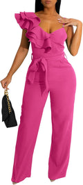 Womens Casual V-Neck Ruffle Backless Belted Jumpsuit - Party Ready 5%