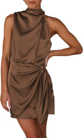 PRETTYGARDEN Women's Satin Mock Neck Tie Waist Short Dress