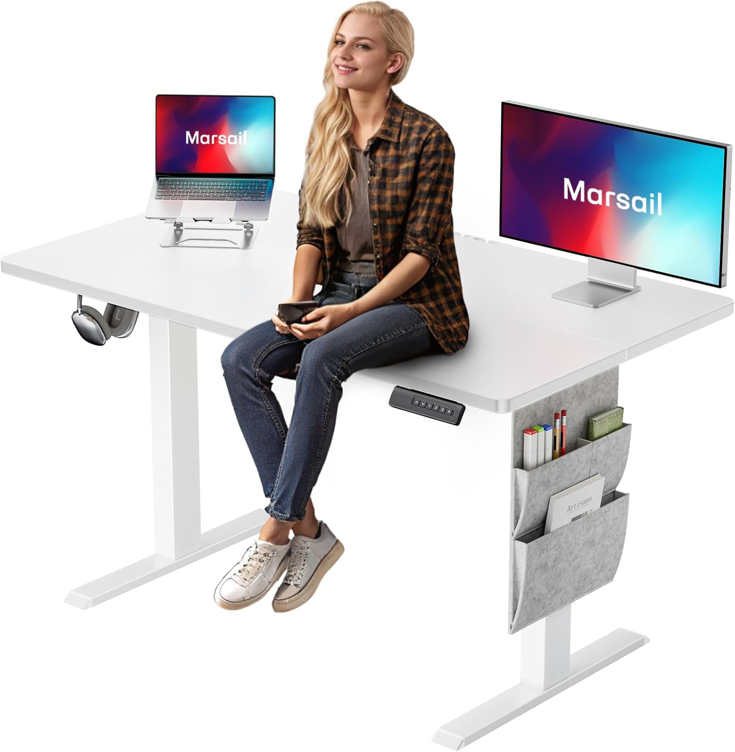 Marsail Electric Standing Desk - Ergonomic Height Adjust, Storage Bag, Headphone Hook