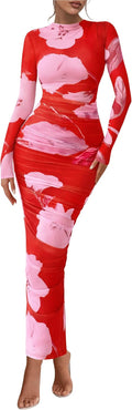 PRETTYGARDEN Women's Long Sleeve Maxi Dress - Ruched Floral Mesh Fall