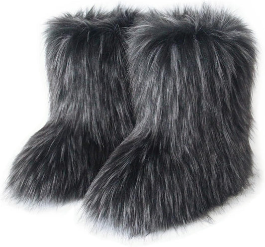 Furry Faux Fur Boots for Women - Cozy Mid Calf Snow Booties