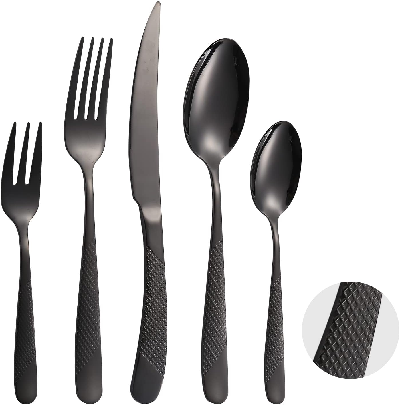 20 Piece Hammered Flatware Set Black for Elegant Dining
