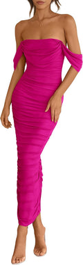 PRETTYGARDEN Off The Shoulder Ruched Bodycon Maxi Dress (Style F7MN)