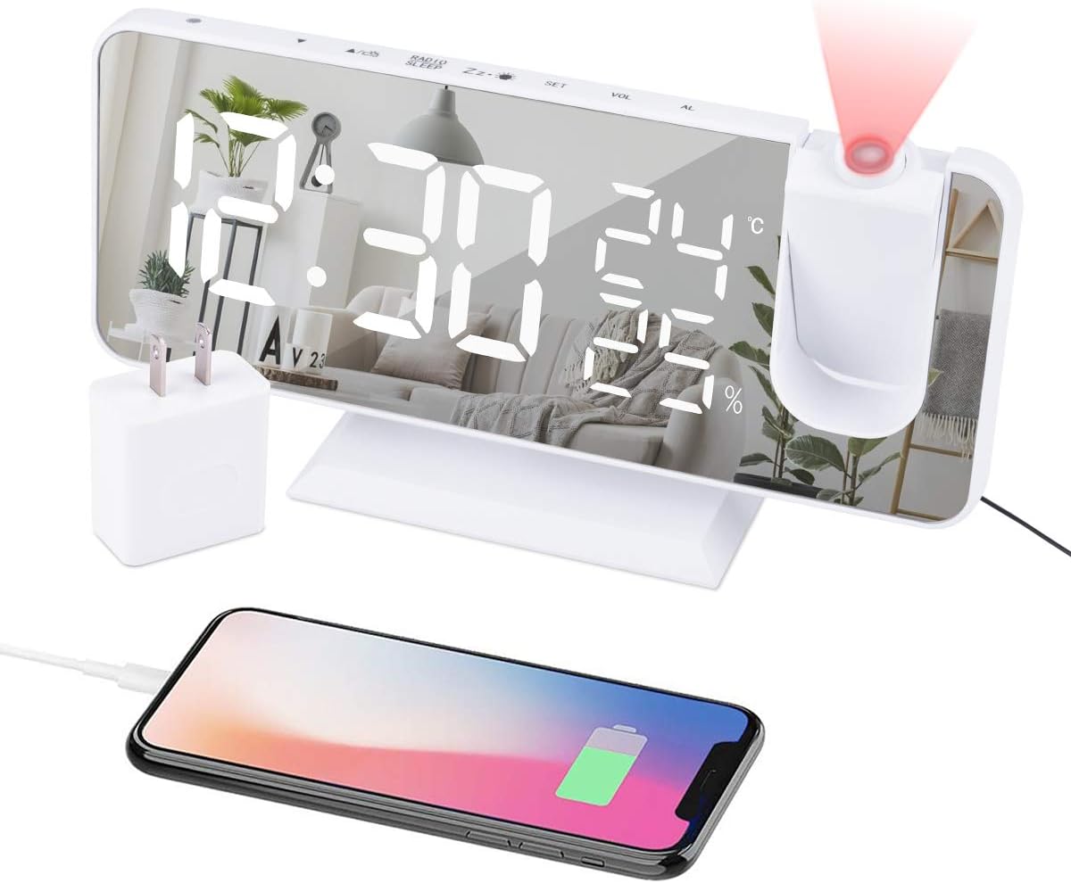 EVILTO Projection Alarm Clock: Large LED Display, Dual Alarms, USB Charging