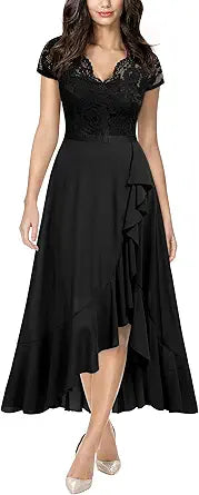 Miusol Women's V Neck Elegant Lace Ruffle Maxi Dress Review