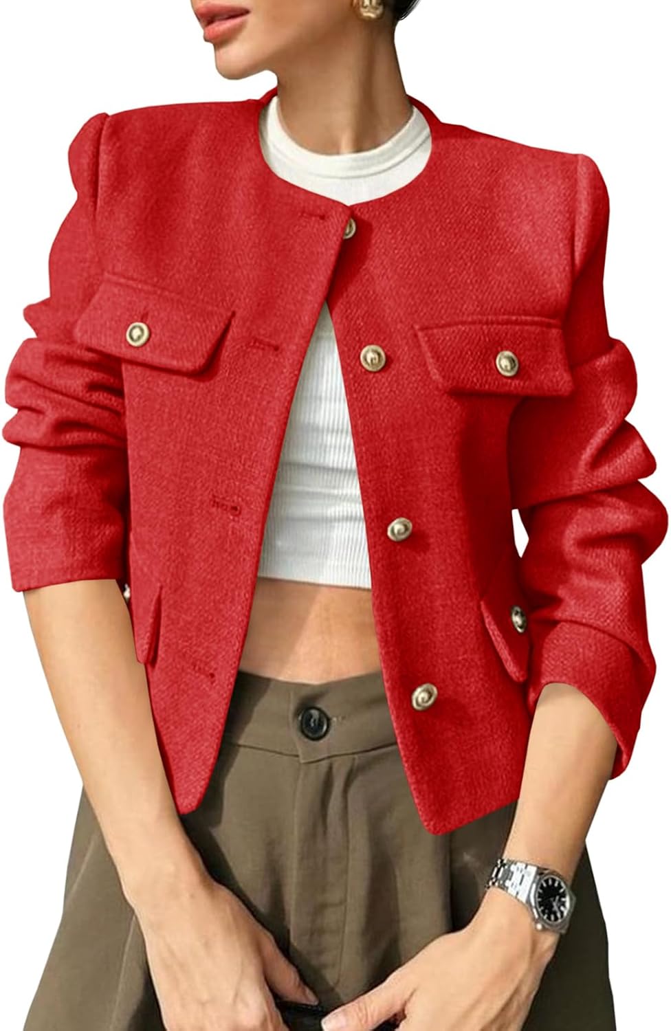 Cropped Tweed Blazer Jacket for Women - Stylish Business Casual