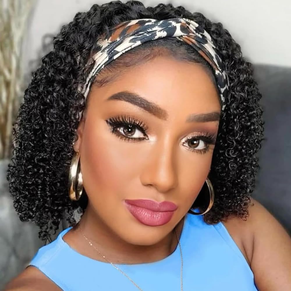 Deep Wave Headband Wig Human Hair for Black Women 12 Inch