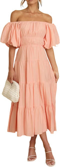 Off-Shoulder Midi Dress Puff Sleeve Empire Waist - Flowy Summer Style