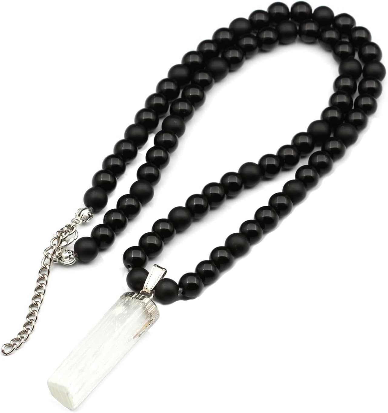 Natural Raw Tourmaline Pendant with Black Onyx Beaded Necklace