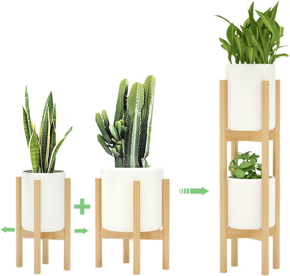 Mid Century Bamboo Plant Stand Set - 2 Tier Indoor Stands