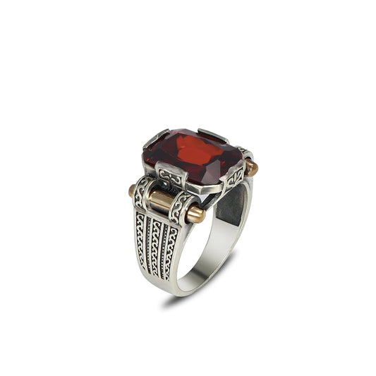 Handmade Men's Vintage Style 925 Sterling Silver Ring with Garnet