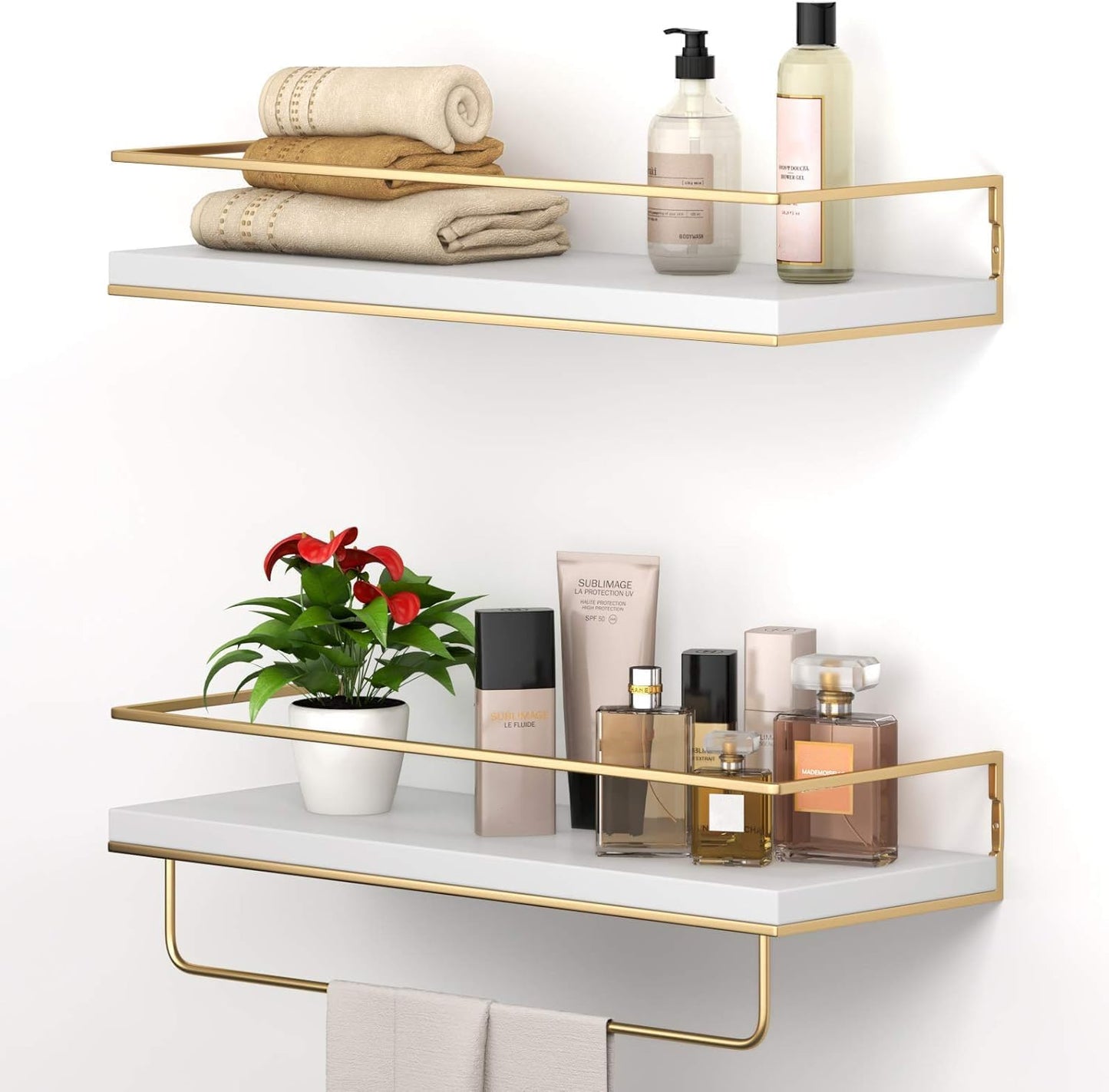 Shario White Floating Shelves Set of 2 with Golden Towel Rack