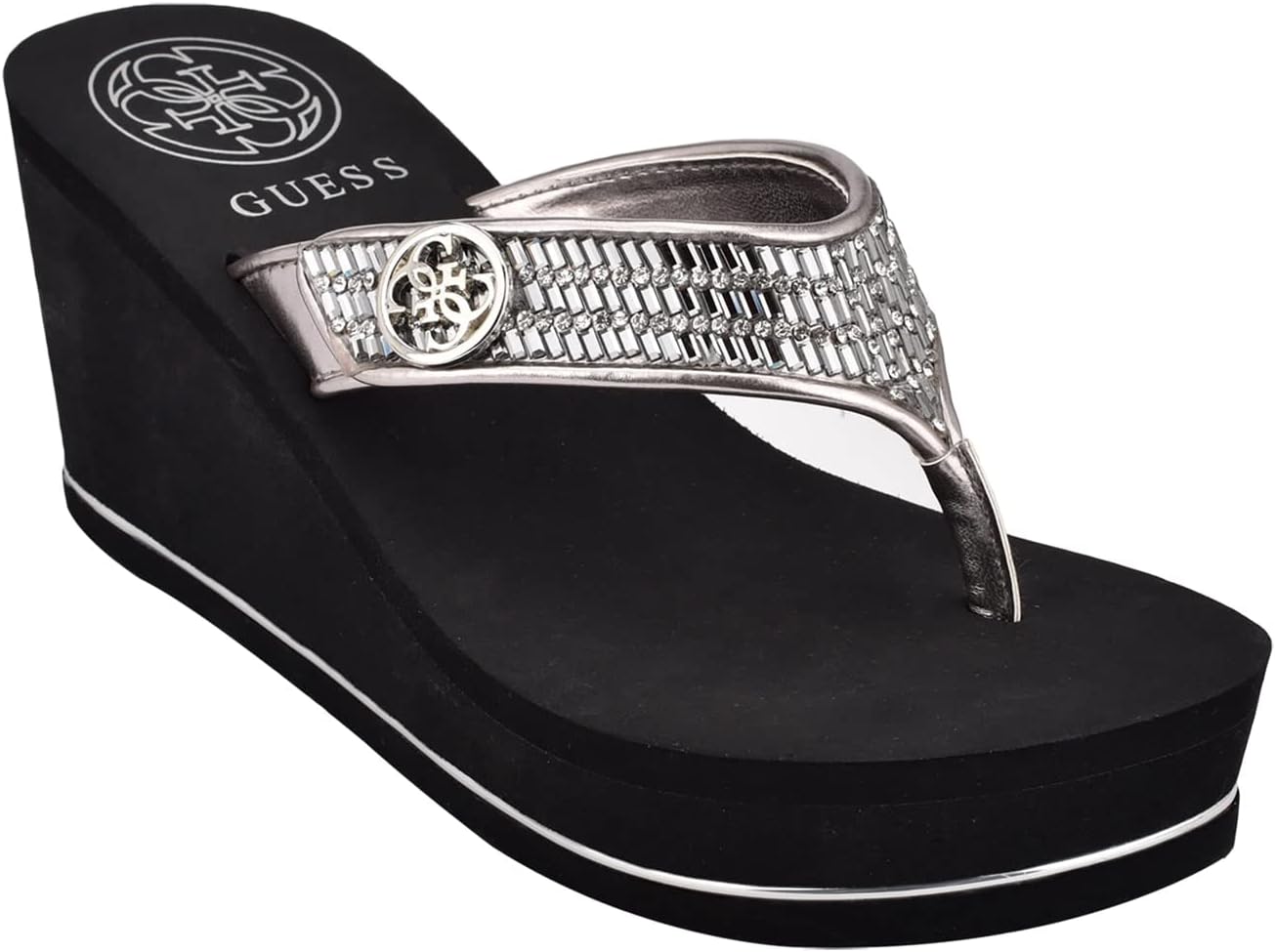 GUESS womens Sarraly: Glamorous Mixed-Material Wedge Sandals