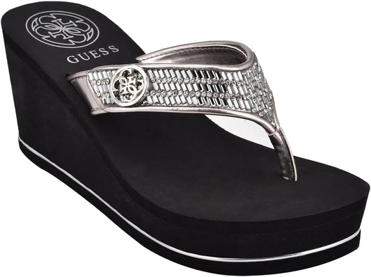 GUESS womens Sarraly: Glamorous Mixed-Material Wedge Sandals