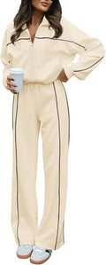 Two Piece Tracksuit for Women - Oversized Zip Up Sweatshirt & Wide Leg