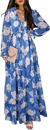 Womens Casual Floral Deep V Neck Long Sleeve Maxi Dress