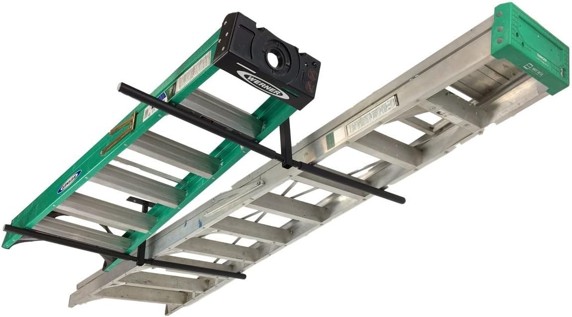 Overhead Ladder Storage Rack for Garage Organization and Safety