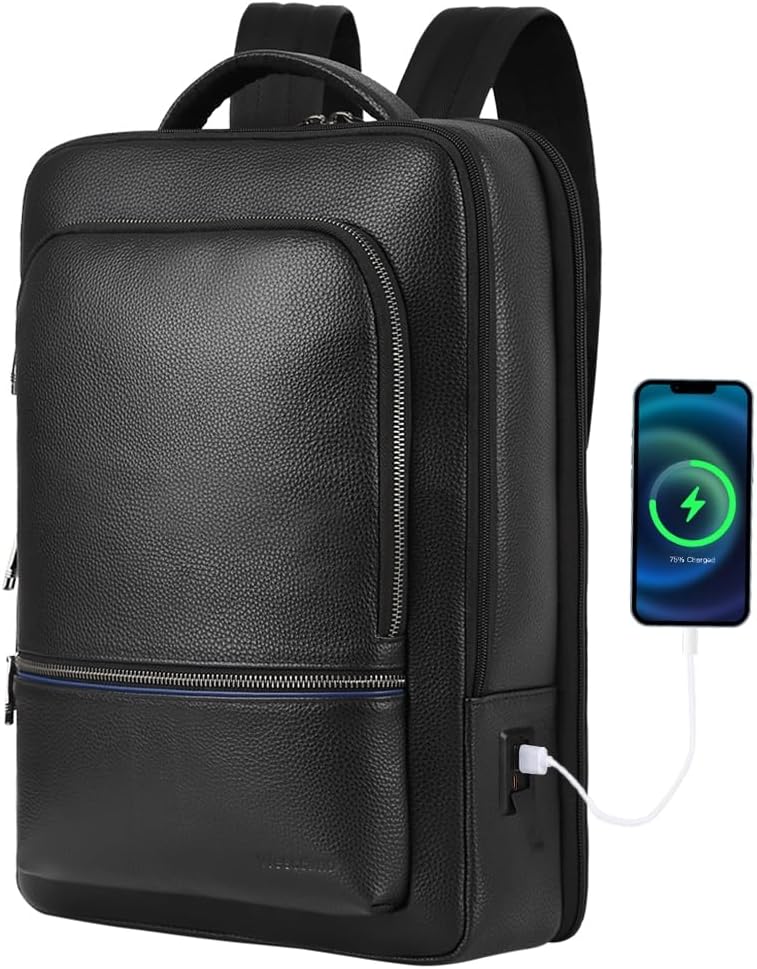 Full Grain Leather Backpack for Men with USB Charging Port