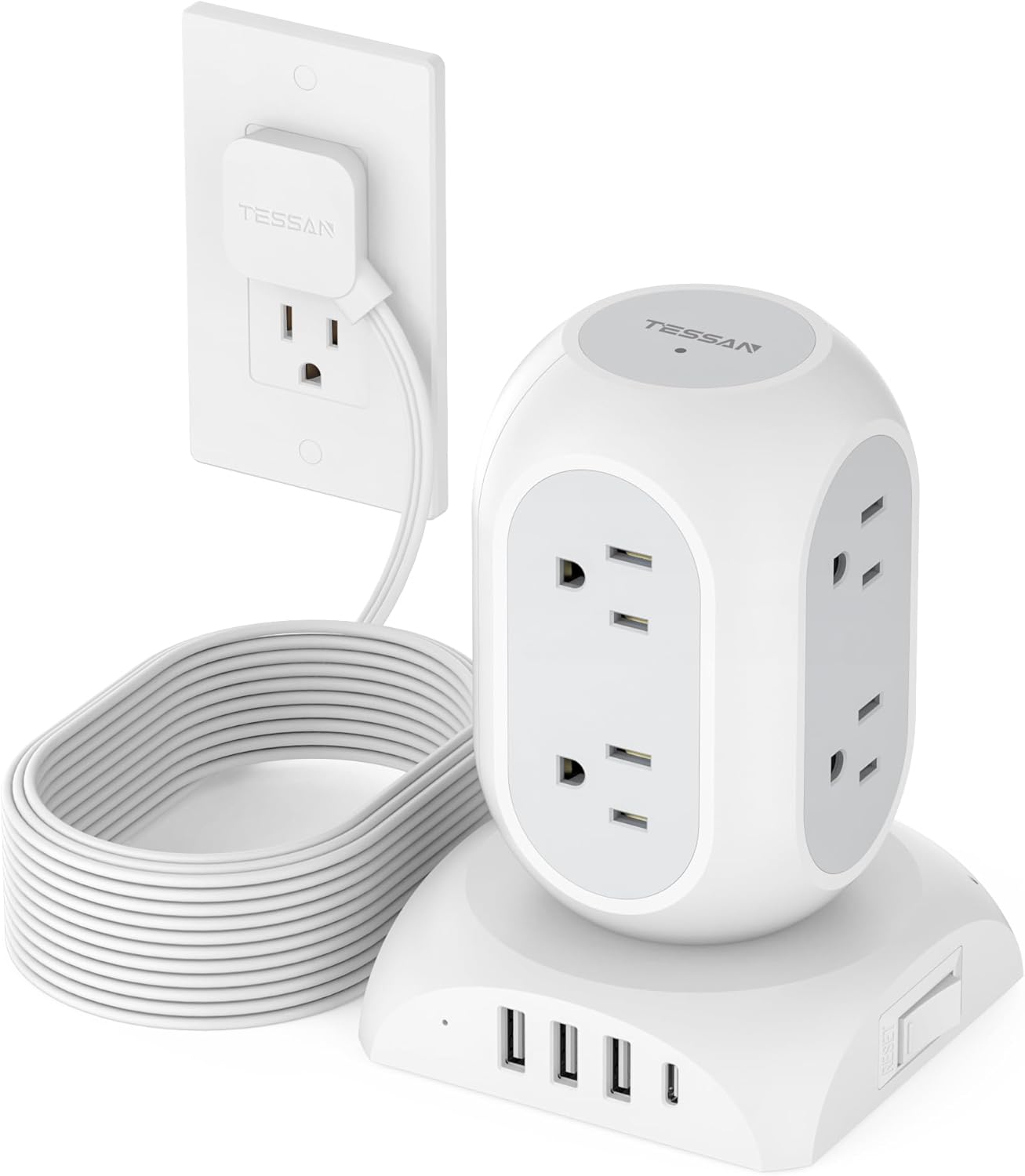 TESSAN Power Strip Tower: 8 Outlets, 4 USB Ports, Surge Protection